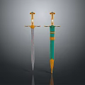 Two Ornate Swords with Silver Blades Green Accents and Golden Decorative Handles