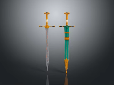 Two Ornate Swords with Silver Blades Green Accents and Golden Decorative Handles 3d model