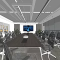 Modern Conference Room Interior With Long Table Office Chairs Large Windows And Decorative Paintings