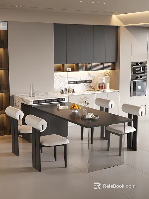 Modern Dining Chairs In Open Kitchen With White Upholstered Seats Black Frames And Marble Countertop 3d model 