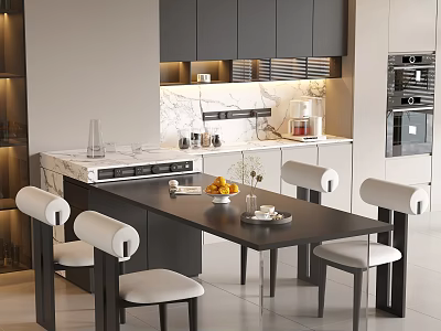Modern Dining Chairs In Open Kitchen With White Upholstered Seats Black Frames And Marble Countertop 3d model
