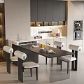 Modern Dining Chairs In Open Kitchen With White Upholstered Seats Black Frames And Marble Countertop