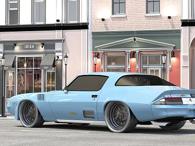 Blue Vintage Muscle Car Parked On Street In Front Of Store Buildings 3d model