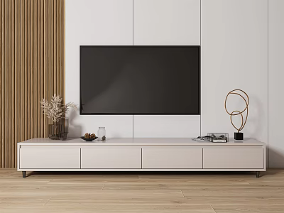 White Modern TV Stand With TV Decorative Vase Ornament On Wooden Wall And Light Floor 3d model