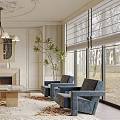Elegant Modern Living Room Interior With White Sofa Fireplace Chandelier And Floor To Ceiling Windows