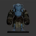 Armored Humanoid Creature With Blue Armor And Brown Robe In Standing Pose On Pedestal