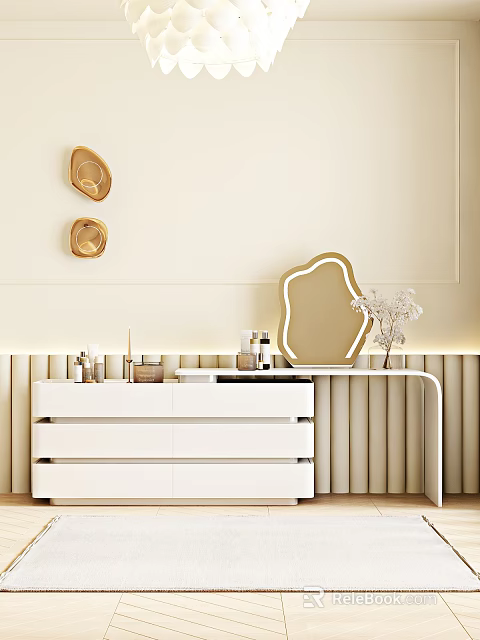 Elegant White Vanity With Golden Frame Mirror White Drawers And Decorative Items 3d model 