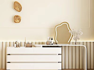 Elegant White Vanity With Golden Frame Mirror White Drawers And Decorative Items 3d model