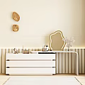Elegant White Vanity With Golden Frame Mirror White Drawers And Decorative Items