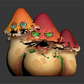 Vibrant Fantasy Mushrooms with Orange Red Caps and Green Eyes Cartoon Style Plant Design