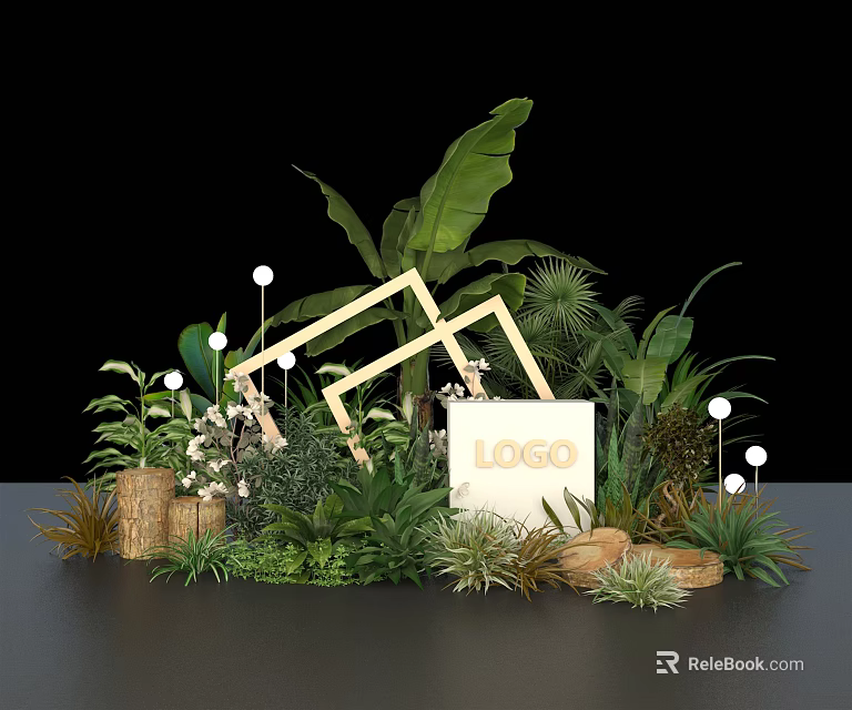 Natural Green Plant Display With Geometric Frame LOGO Sign And Decorative Lights 3d model 