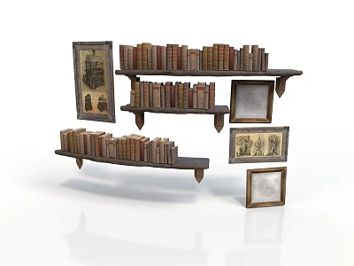 Vintage Wooden Bookshelf Furniture With Stacked Books And Decorative Framed Artworks 3d model
