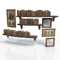 Vintage Wooden Bookshelf Furniture With Stacked Books And Decorative Framed Artworks