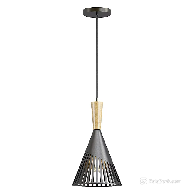 Modern Pendant Light With Wooden Accent And Metallic Openwork Conical Shade 3d model 