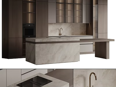 Elegant Modern Kitchen Interior Design With Marble Island Counter And Wooden Cabinets 3d model