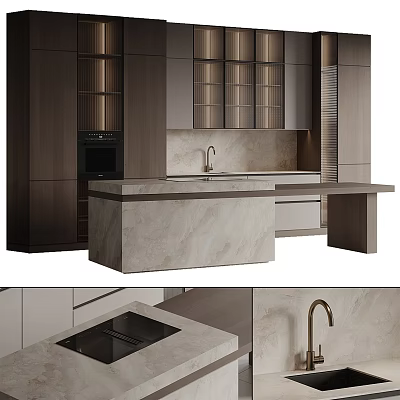 Elegant Modern Kitchen Interior Design With Marble Island Counter And Wooden Cabinets 3d model