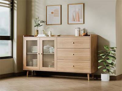 Wooden Sideboard with Glass Doors and Green Plant in Minimalist Natural Style 3d model