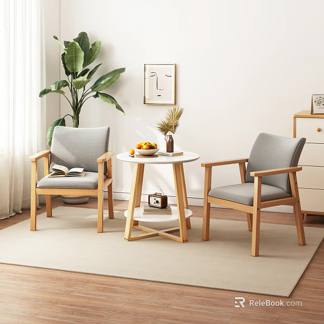 Grey Chair and Round Wooden Table Set With Fruits Vase in Modern Living Room Interior 3d model 