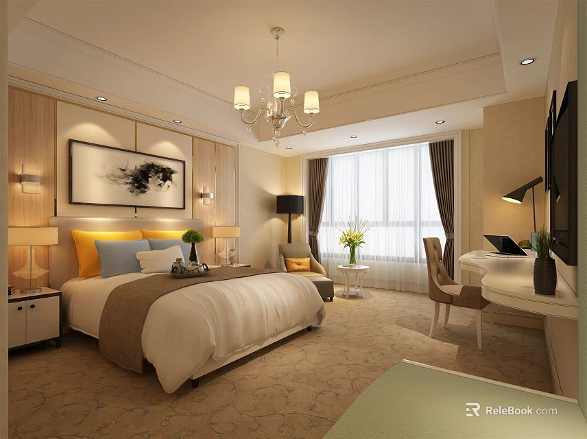 Elegant Hotel Room Interior With Large Bed Chandelier Curtained Window And Soft Carpet 3d model 