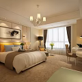 Elegant Hotel Room Interior With Large Bed Chandelier Curtained Window And Soft Carpet