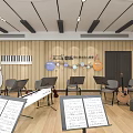 Book Art Music Classroom With Chairs Music Stands Guitars Piano And Wall Decorations