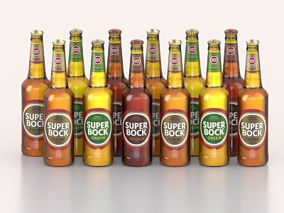 Super Bock Beer Bottles In Assorted Colors Arranged In Multiple Rows 3d model