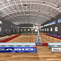 Indoor Sports Gymnasium With Wooden Floor White Lines Green Track Red Seats And Side Windows