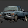 Old Blue Pickup Truck With Rusty Body And Red Bucket White Package In Bed