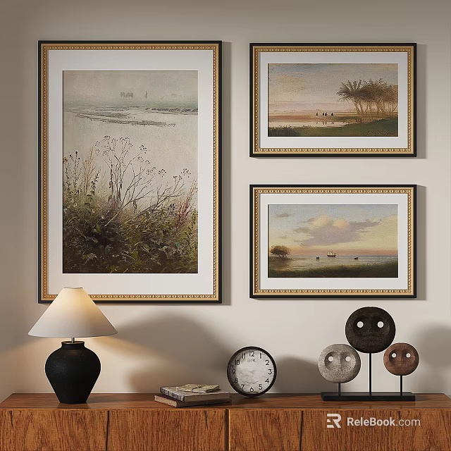 Framed Oil Paintings On Wall Interior With Table Lamp Clock And Decor Items 3d model