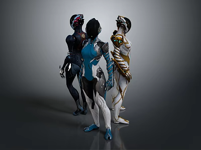 Three Futuristic Female Sculptures With Elaborate Metallic Costumes And Shiny Details 3d model