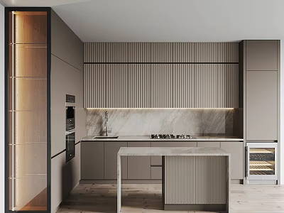 Modern Kitchen Interior With Gray Striped Cabinets Marble Island And Built In Appliances 3d model