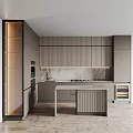 Modern Kitchen Interior With Gray Striped Cabinets Marble Island And Built In Appliances