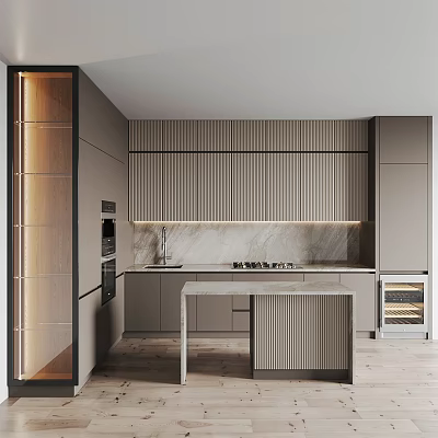 Modern Kitchen Interior With Gray Striped Cabinets Marble Island And Built In Appliances 3d model