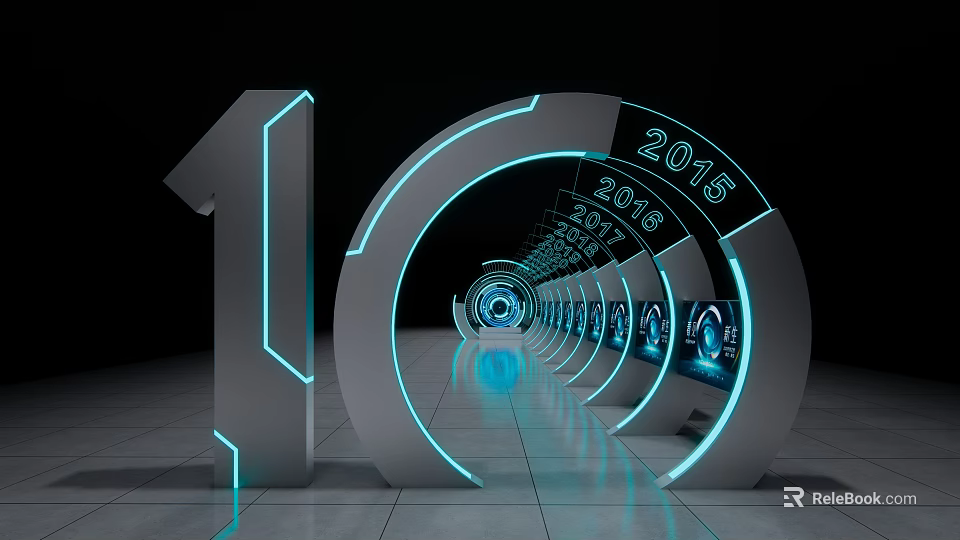 Glowing Event Passage Circular Tunnel With 10th Anniversary Sequential Year Digital Markers 3d model 