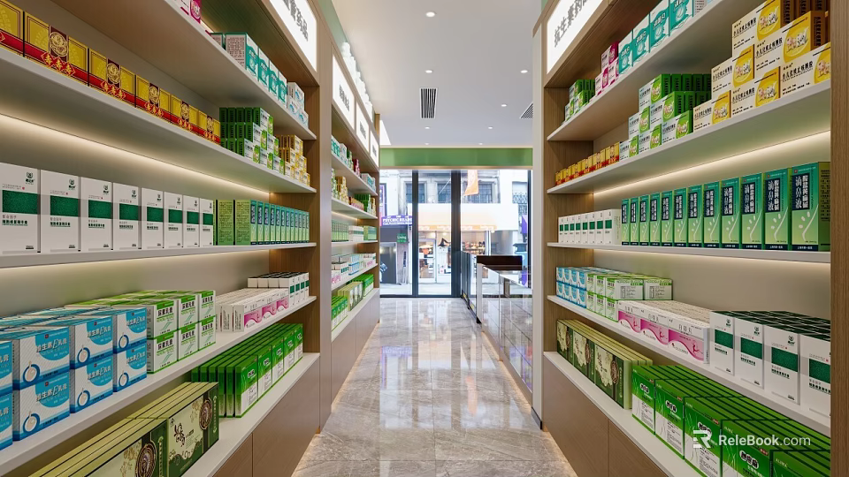 Well Organized Pharmacy Store Interior With Shelves Stocked Health Products And Bright Aisles 3d model 