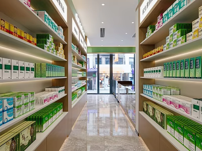 Well Organized Pharmacy Store Interior With Shelves Stocked Health Products And Bright Aisles 3d model