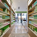 Well Organized Pharmacy Store Interior With Shelves Stocked Health Products And Bright Aisles