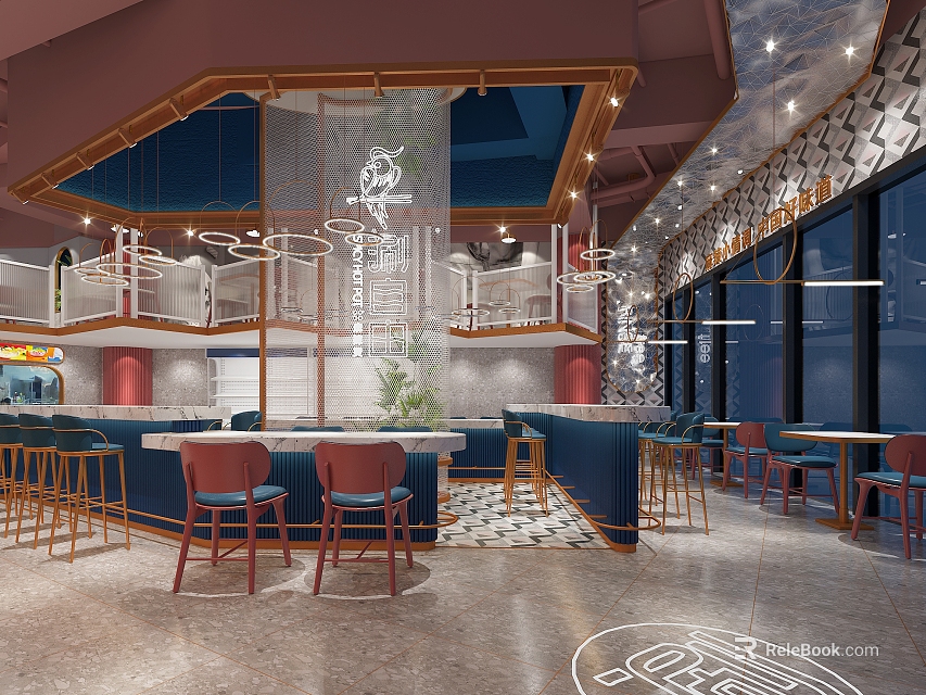 Modern Contemporary Restaurant Interior With Blue Seats Red Chairs Marble Counter And Geometric Wall Decor 3d model 