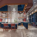 Modern Contemporary Restaurant Interior With Blue Seats Red Chairs Marble Counter And Geometric Wall Decor