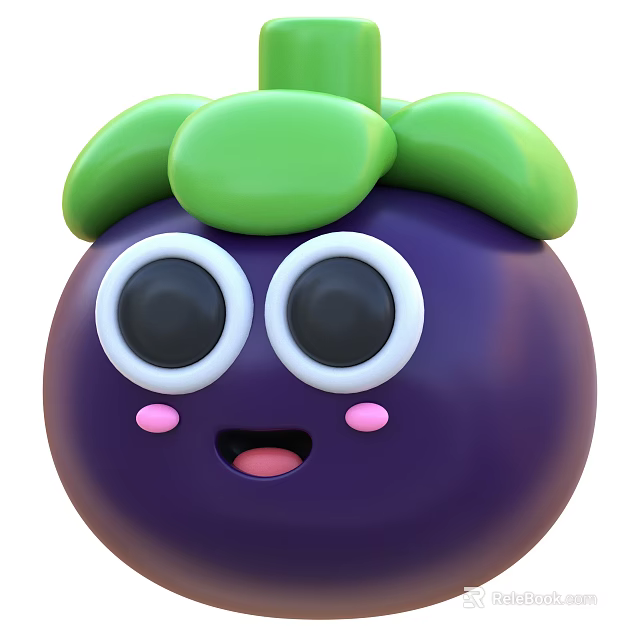 Cute Cartoon Purple Fruit With Big Eyes Pink Cheeks Green Leaves And Smiling Face 3d model 