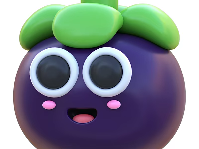 Cute Cartoon Purple Fruit With Big Eyes Pink Cheeks Green Leaves And Smiling Face 3d model