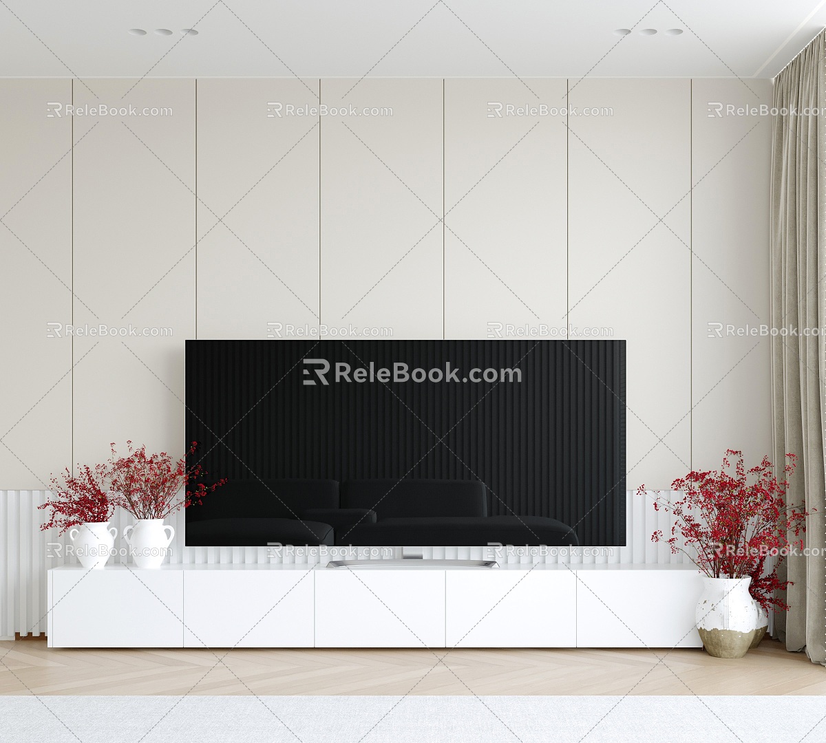 TV background wall TV TV cabinet Vase Dried flower arrangement 3d model