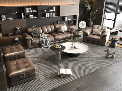 Modern Brown Leather Sofa And Coffee Table Set With Round White Top Ottoman And Bookshelf 3d model
