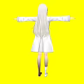 Woman with long white hair in black dress and white coat arms outstretched on yellow background