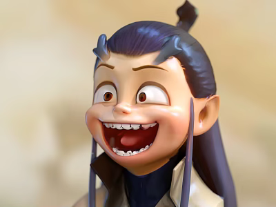 Cartoon Style Doll with Purple Hair Topknot Big Eyes and Exaggerated Smile 3d model