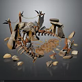 Natural Animal Habitat Scene With Stone Structures And Wooden Decorative Elements