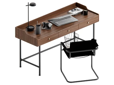 Modern Wooden Home Office Desk With Lamp Keyboard Pen Holder And Metal Frame Basket 3d model