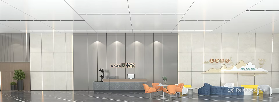 Elegant Modern Library Lobby Interior With Reception Desk Seating And Decorations 3d model