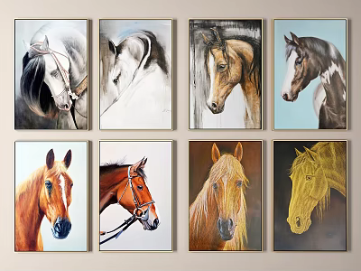 Eight Colorful Horse Head Portrait Paintings Animal Art Collection 3d model