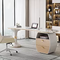 Modern Curved Marble Top Desk with Laptop Lamp Beige Office Chair by Large Window View